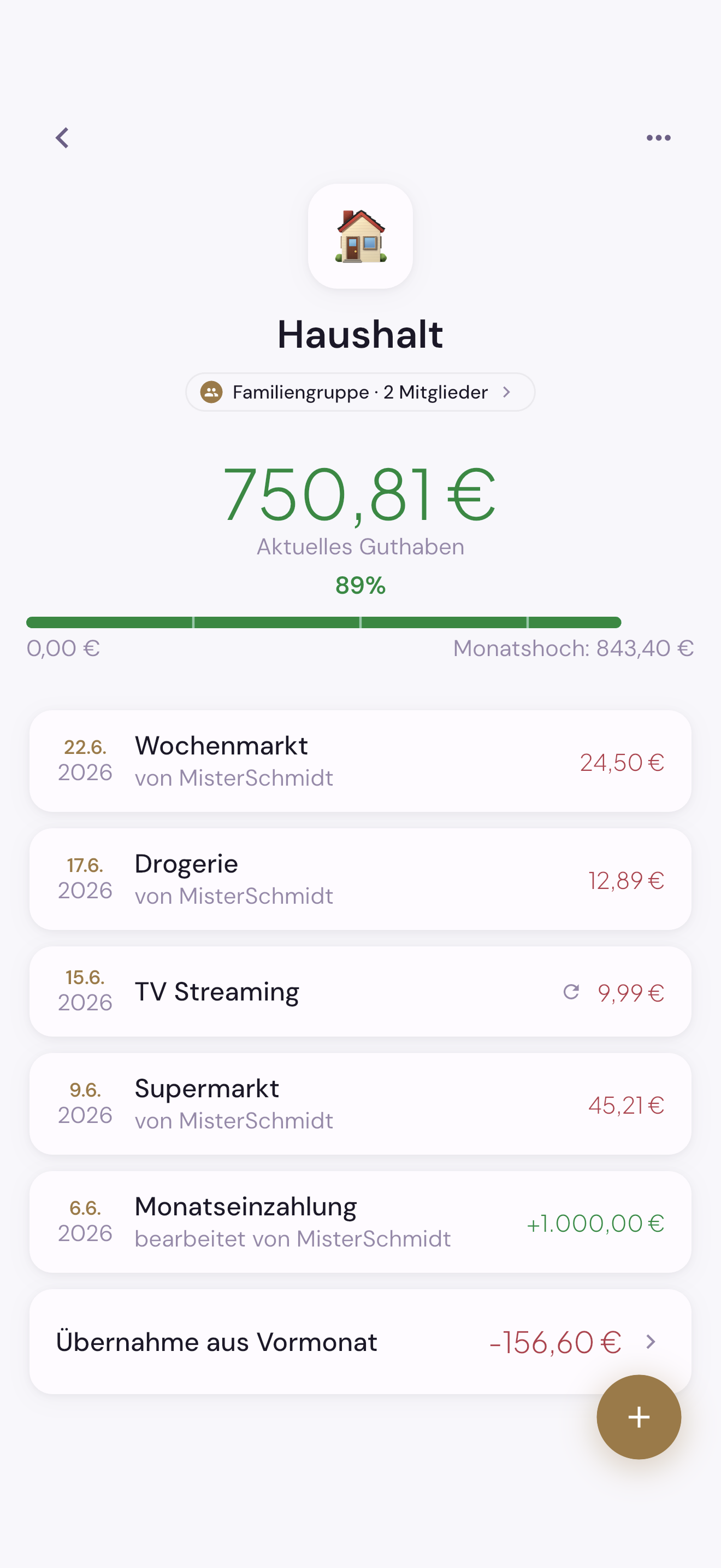 Schmidti Budget Detailansicht mit Saldo und Buchungen