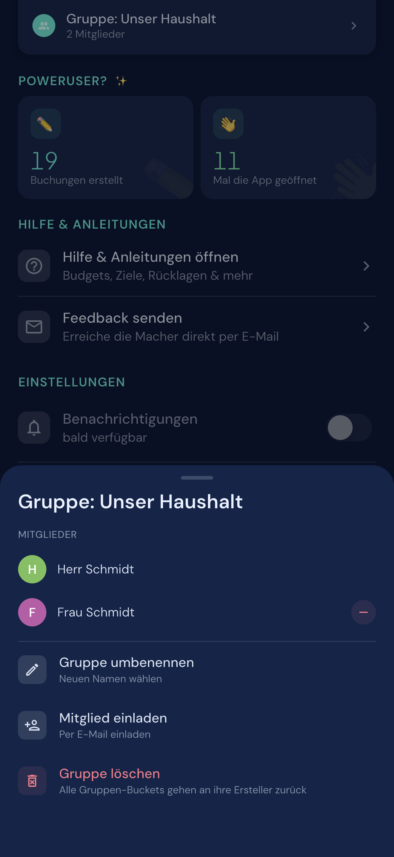 Gruppenverwaltung in Schmidti Budget mit Mitgliedern und Optionen zum Umbenennen, Einladen und Löschen