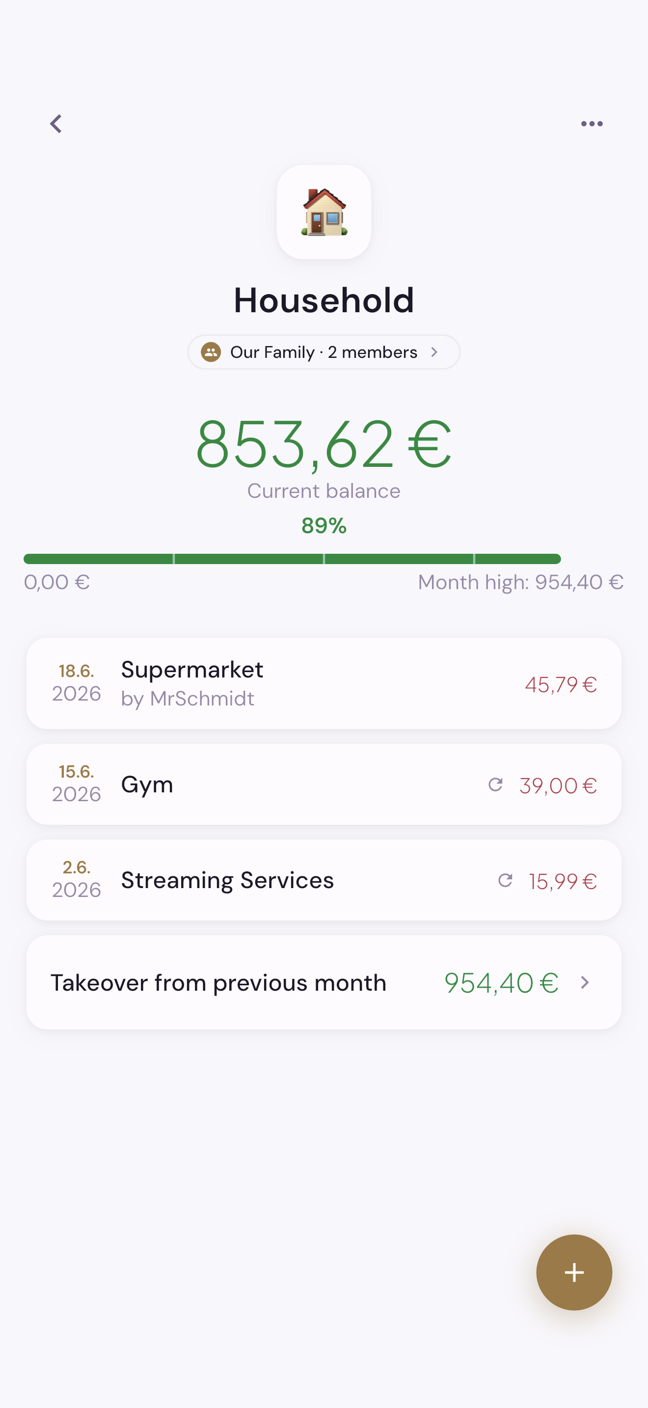 Schmidti Budget detail view with balance and recent transactions