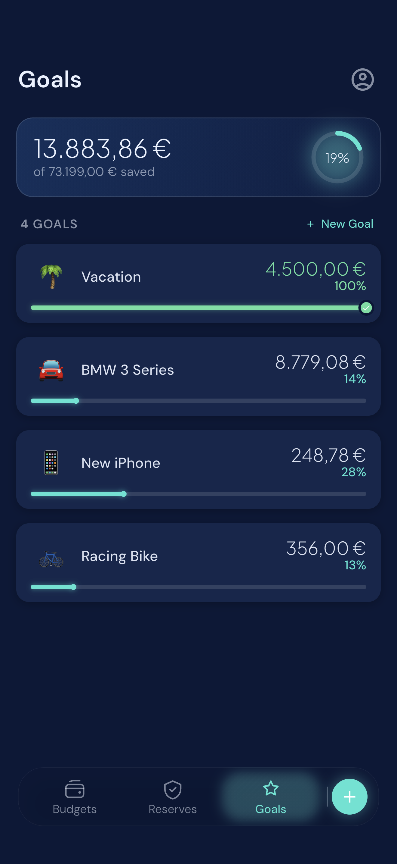 Goals tab in Schmidti Budget showing savings goals and their progress